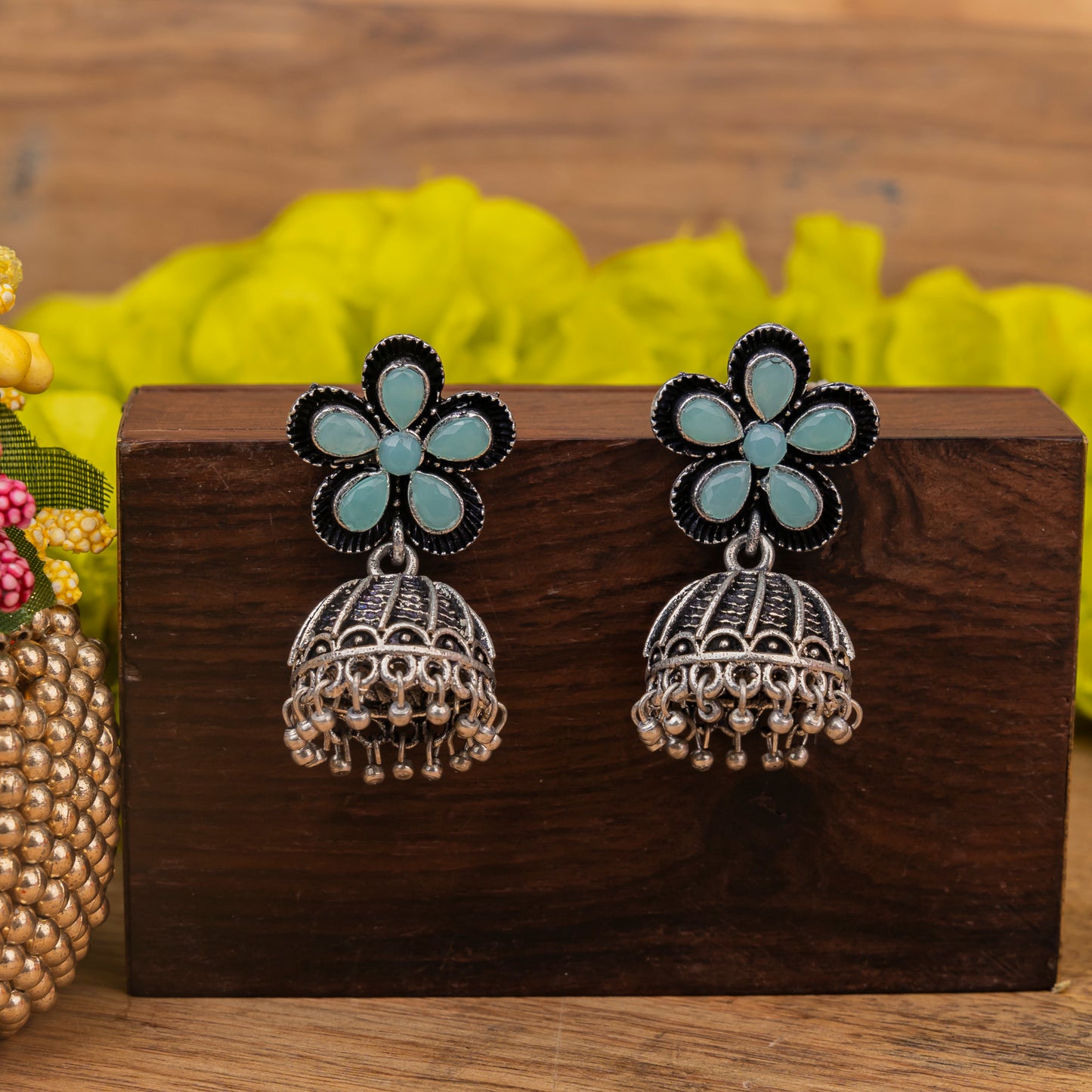 Mint Stone Studded Beautiful Oxidised Earrings With Hanging Jhumki