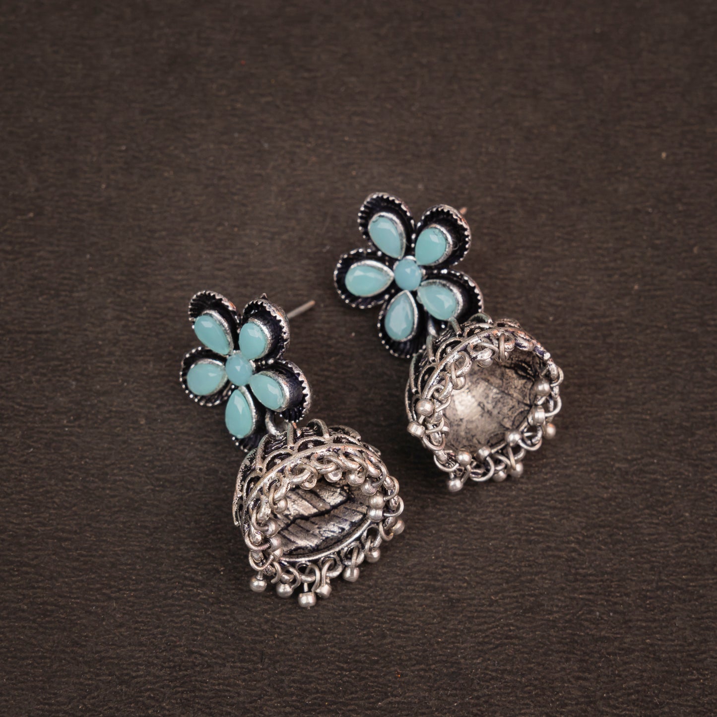 Mint Stone Studded Beautiful Oxidised Earrings With Hanging Jhumki