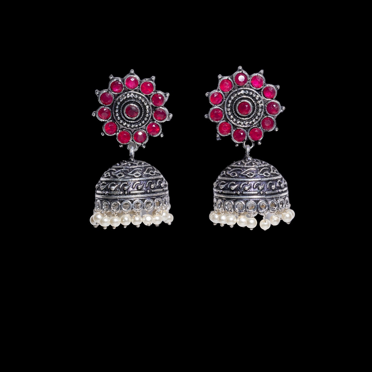 Red Stone Studded German Silver Jhumki Earrings With Hanging Pearls