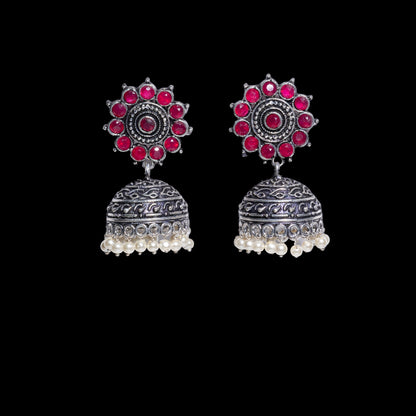 Red Stone Studded German Silver Jhumki Earrings With Hanging Pearls