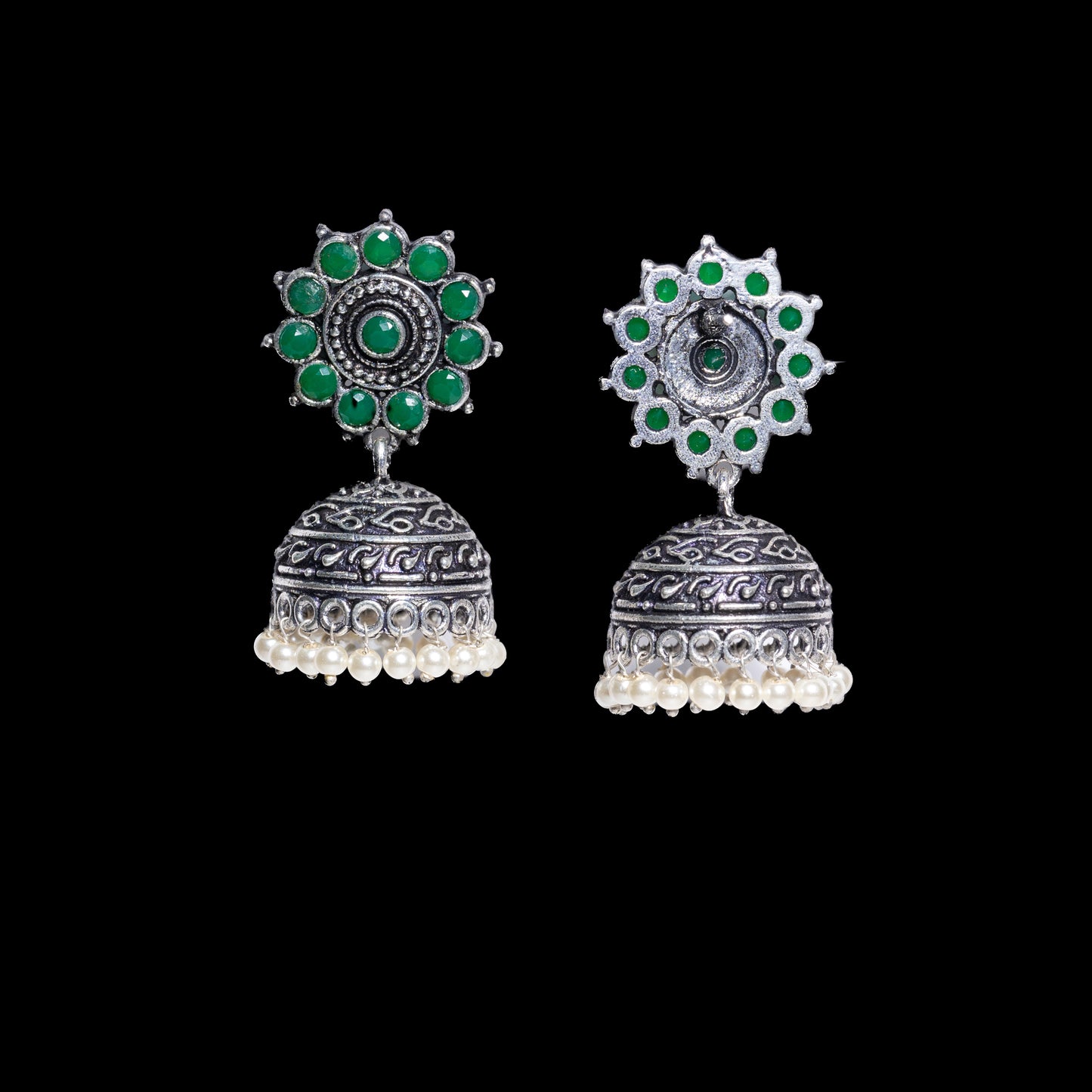 Green Stone Studded German Silver Jhumki Earrings With Hanging Pearls