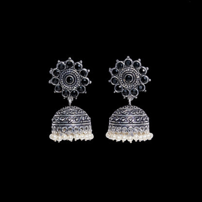 Black Stone Studded German Silver Jhumki Earrings With Hanging Pearls