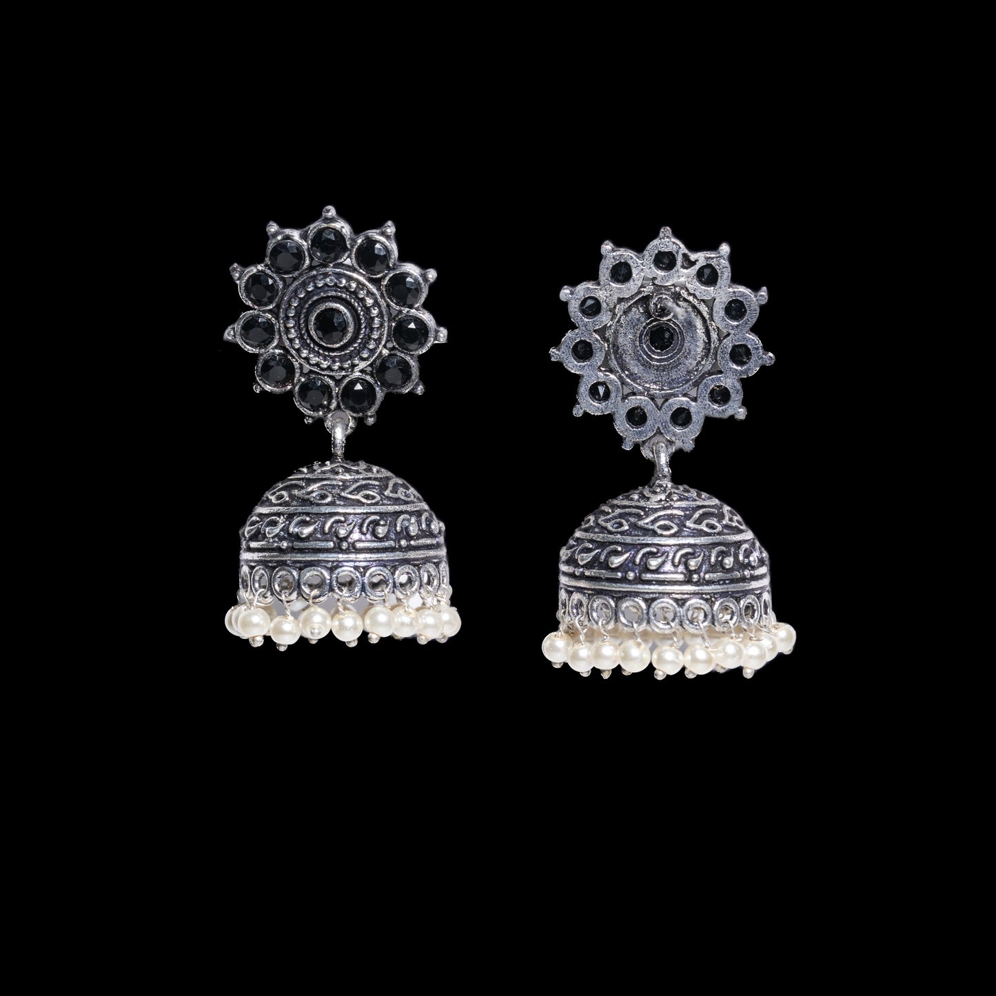 Black Stone Studded German Silver Jhumki Earrings With Hanging Pearls