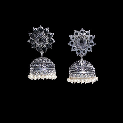 Black Stone Studded German Silver Jhumki Earrings With Hanging Pearls