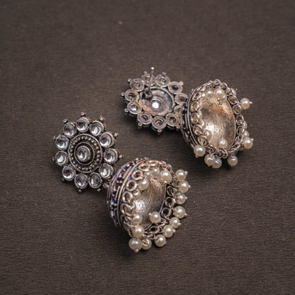 White Stone Studded German Silver Jhumki Earrings With Hanging Pearls
