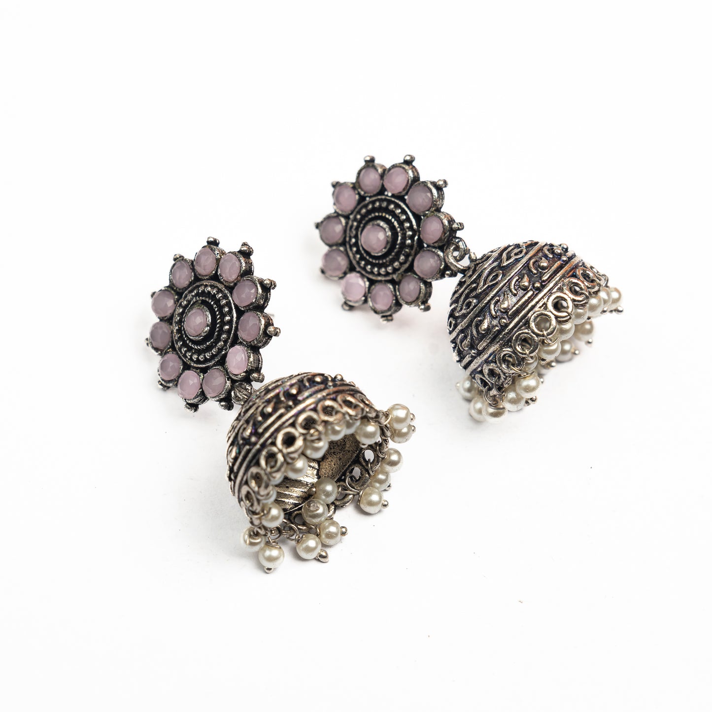 Baby Pink  Stone Studded German Silver Jhumki Earrings With Hanging Pearls