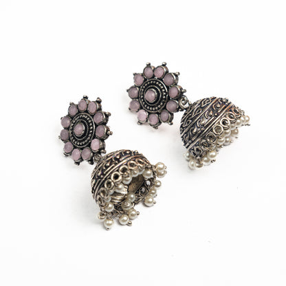 Baby Pink  Stone Studded German Silver Jhumki Earrings With Hanging Pearls