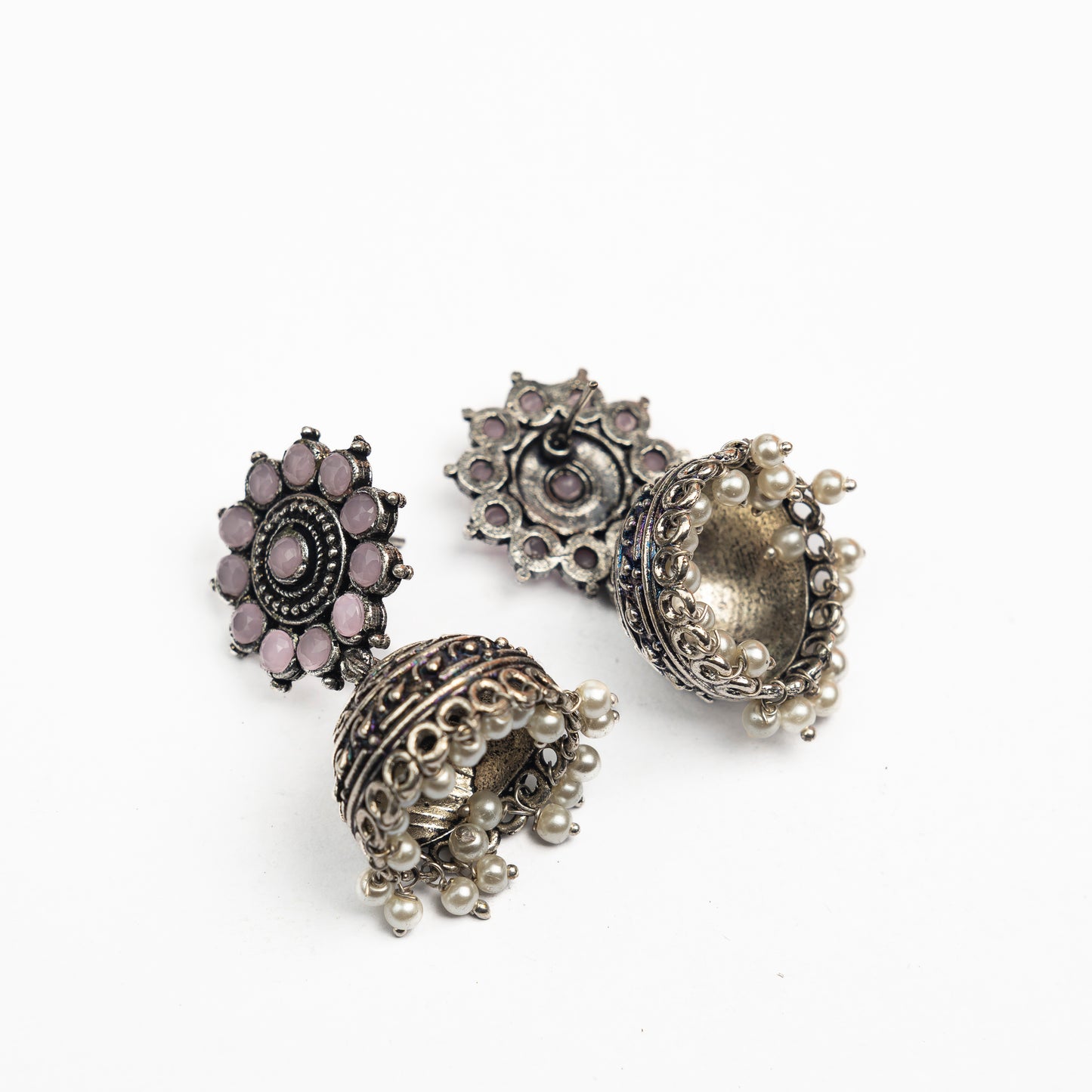 Baby Pink  Stone Studded German Silver Jhumki Earrings With Hanging Pearls