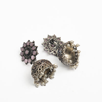 Baby Pink  Stone Studded German Silver Jhumki Earrings With Hanging Pearls