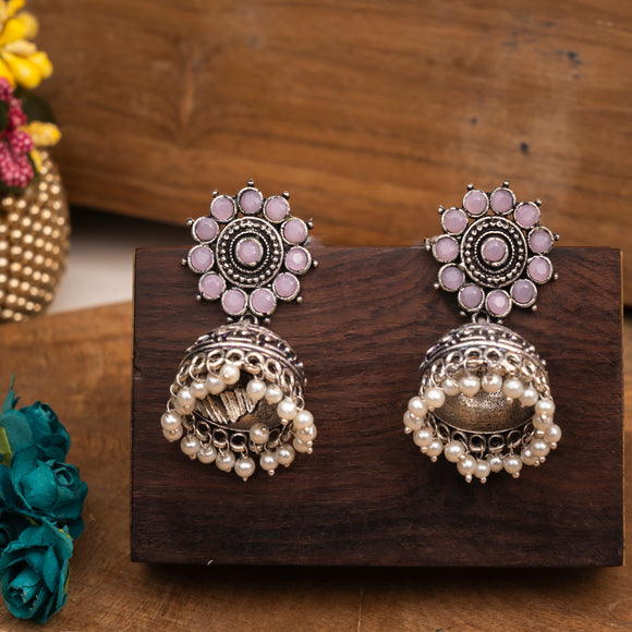 Baby Pink  Stone Studded German Silver Jhumki Earrings With Hanging Pearls