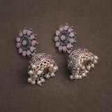 Baby Pink  Stone Studded German Silver Jhumki Earrings With Hanging Pearls