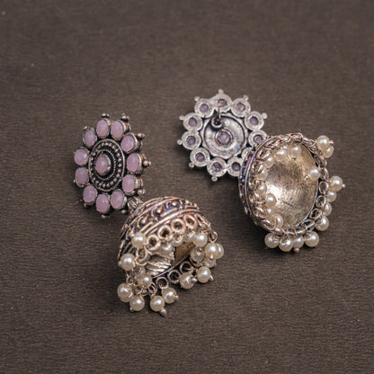 Baby Pink  Stone Studded German Silver Jhumki Earrings With Hanging Pearls