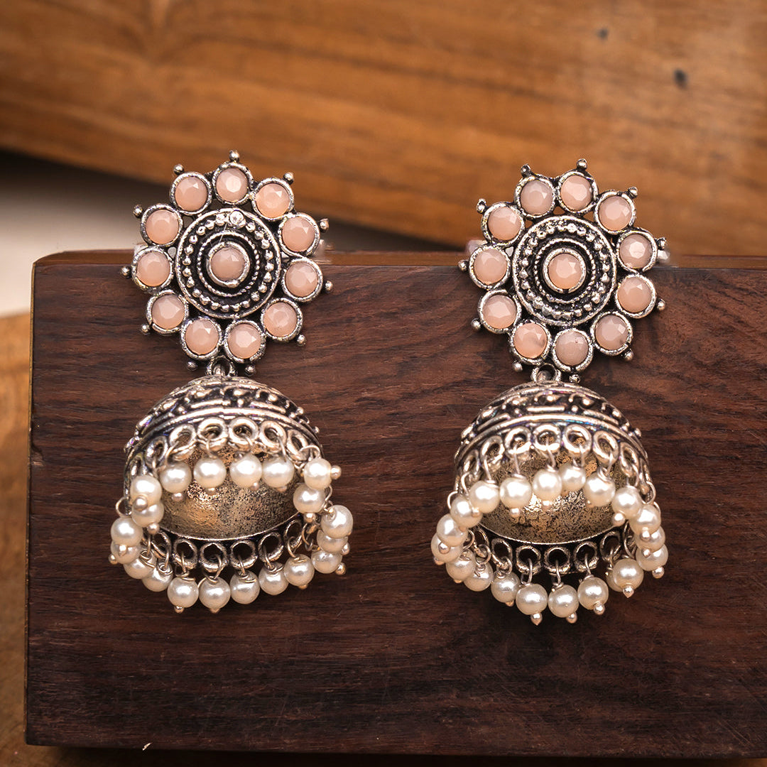 Phoolon ki baali pearl jhumki earrings (Light Orange)