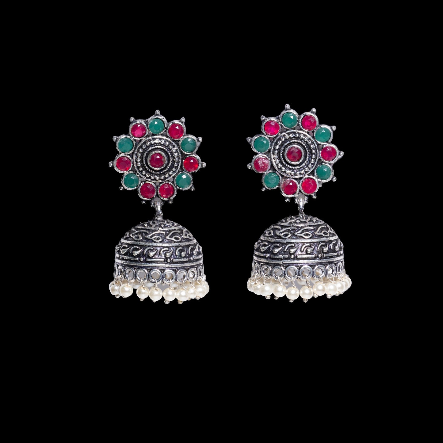 Multicolored Stone Studded German Silver Jhumki Earrings With Hanging Pearls
