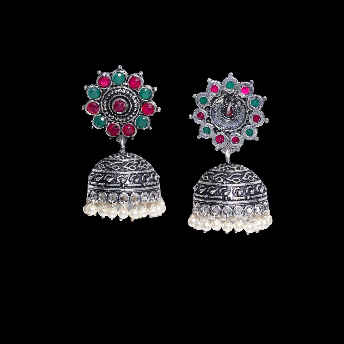 Multicolored Stone Studded German Silver Jhumki Earrings With Hanging Pearls