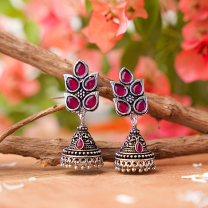 Red Stone Studded Conical Oxidised Jhumki Earrings