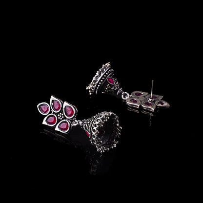 Red Stone Studded Conical Oxidised Jhumki Earrings