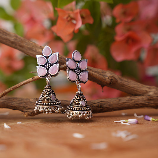 Baby Pink Stone Studded Conical Oxidised Jhumki Earrings