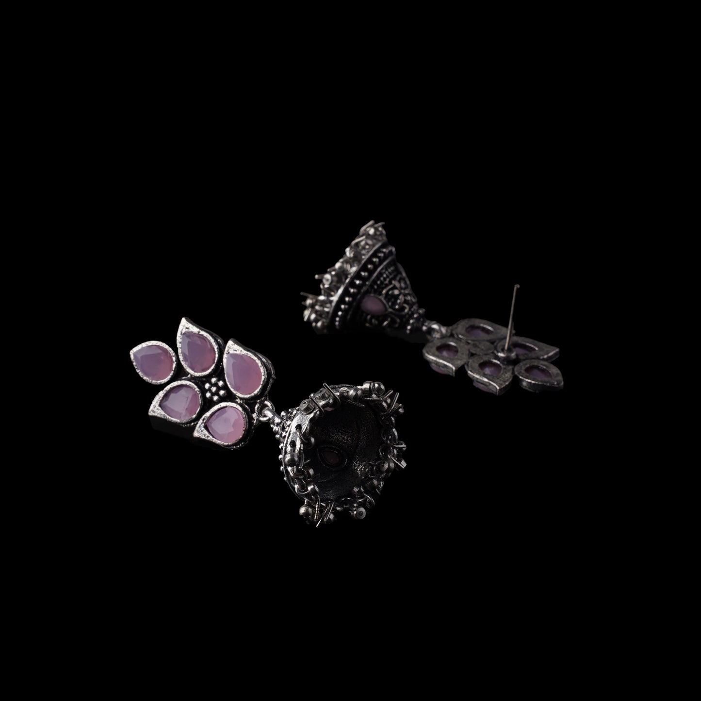 Baby Pink Stone Studded Conical Oxidised Jhumki Earrings