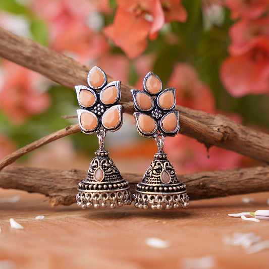 Light Orangish Stone Studded Conical Oxidised Jhumki Earrings
