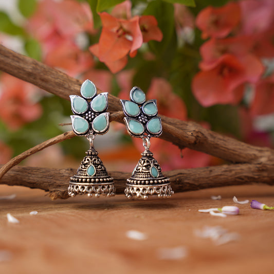 Mint Stone Studded Conical Oxidised Jhumki Earrings