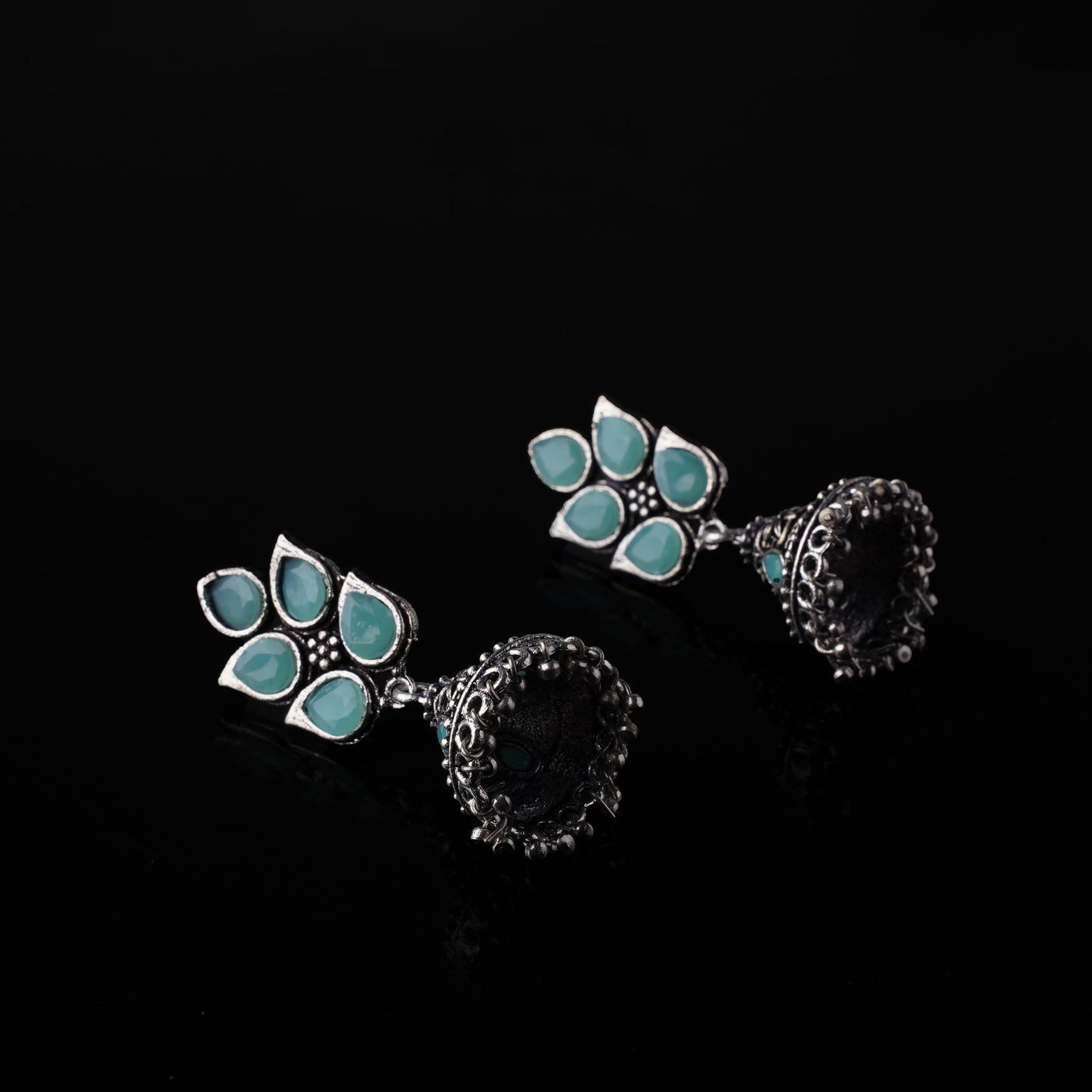 Mint Stone Studded Conical Oxidised Jhumki Earrings