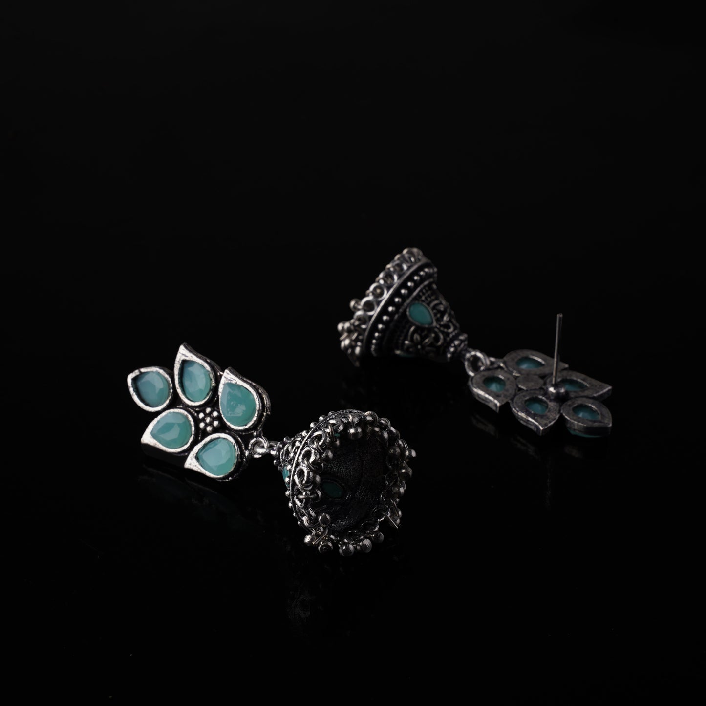 Mint Stone Studded Conical Oxidised Jhumki Earrings