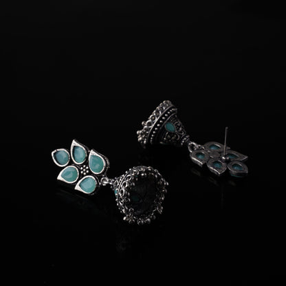 Mint Stone Studded Conical Oxidised Jhumki Earrings
