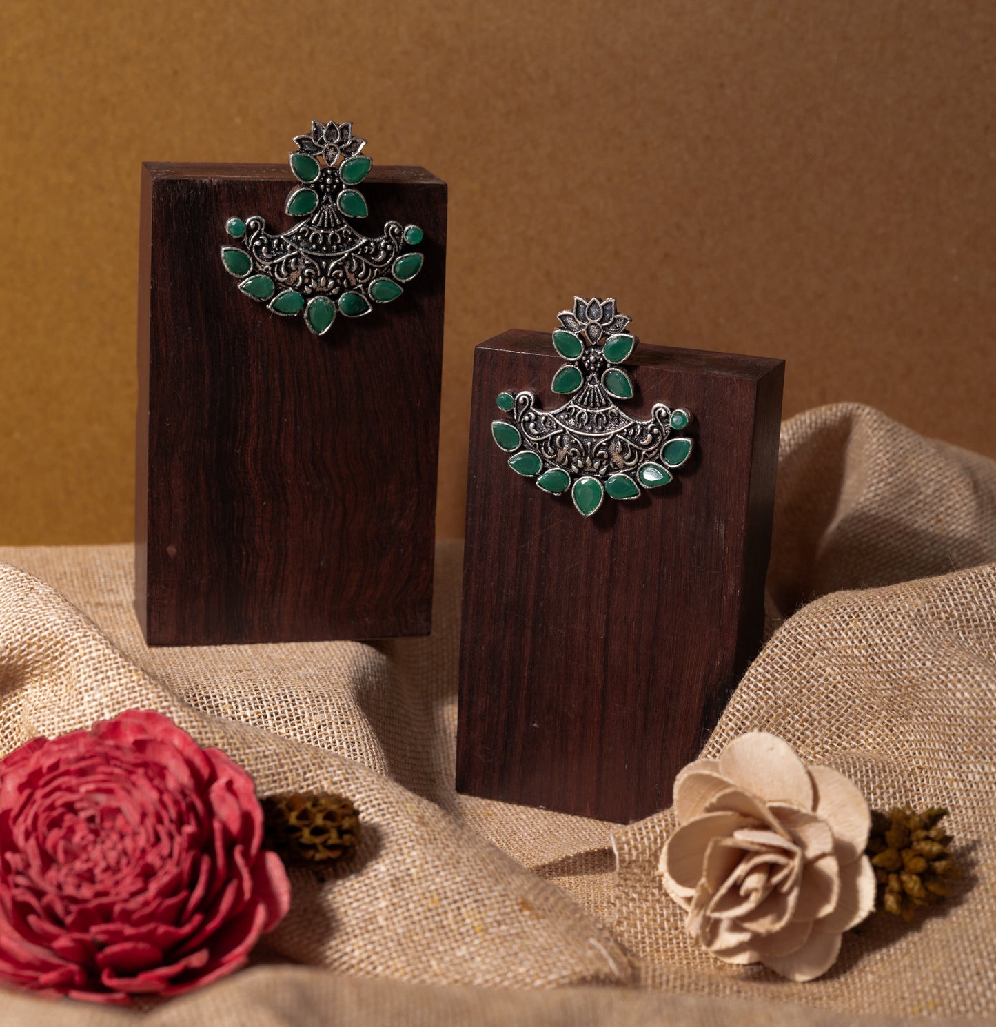 Green Stone Studded German Silver Stud Earrings