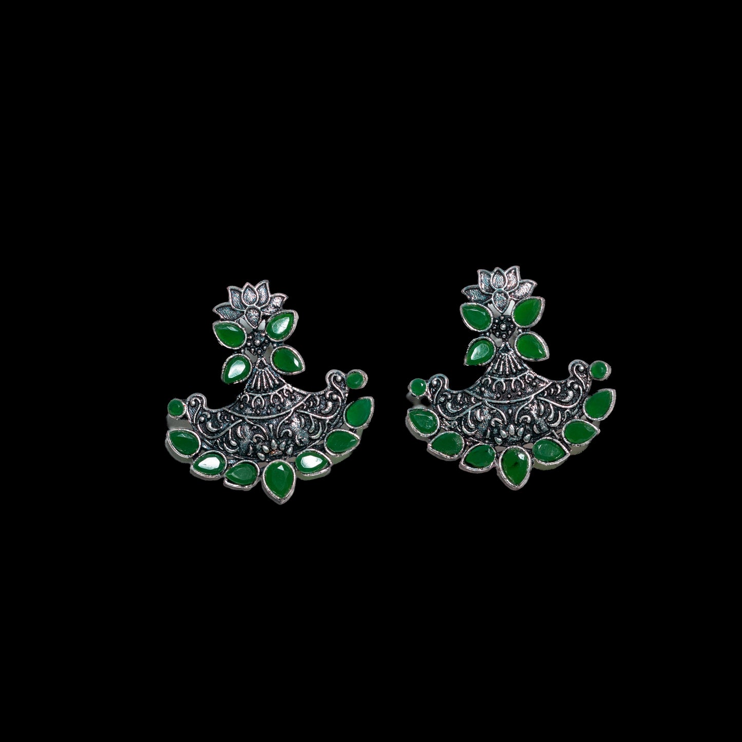 Green Stone Studded German Silver Stud Earrings
