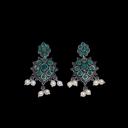 Green Stone Studded German Silver Stud Earrings With Hanging Pearls