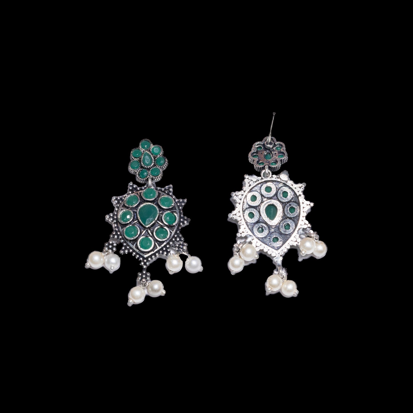 Green Stone Studded German Silver Stud Earrings With Hanging Pearls