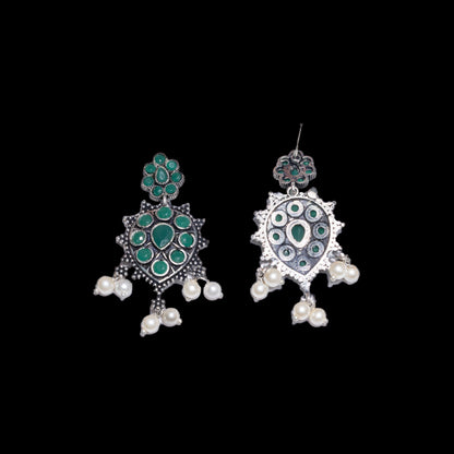 Green Stone Studded German Silver Stud Earrings With Hanging Pearls
