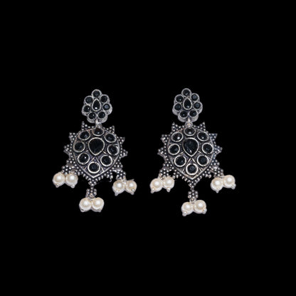 Black Stone Studded German Silver Stud Earrings With Hanging Pearls