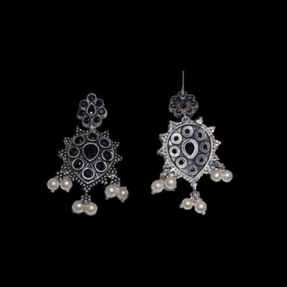 Black Stone Studded German Silver Stud Earrings With Hanging Pearls