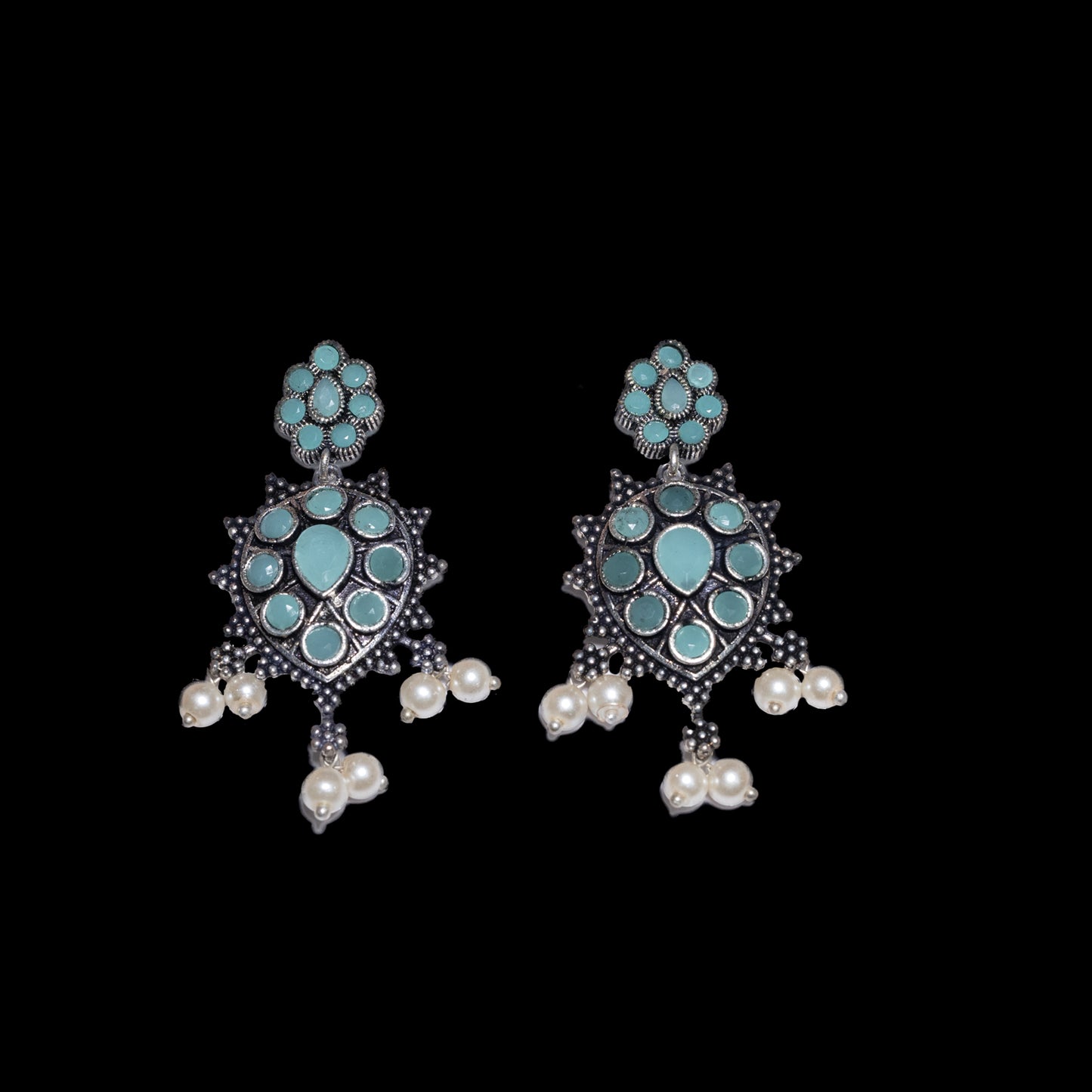 Mint Stone Studded German Silver Stud Earrings With Hanging Pearls