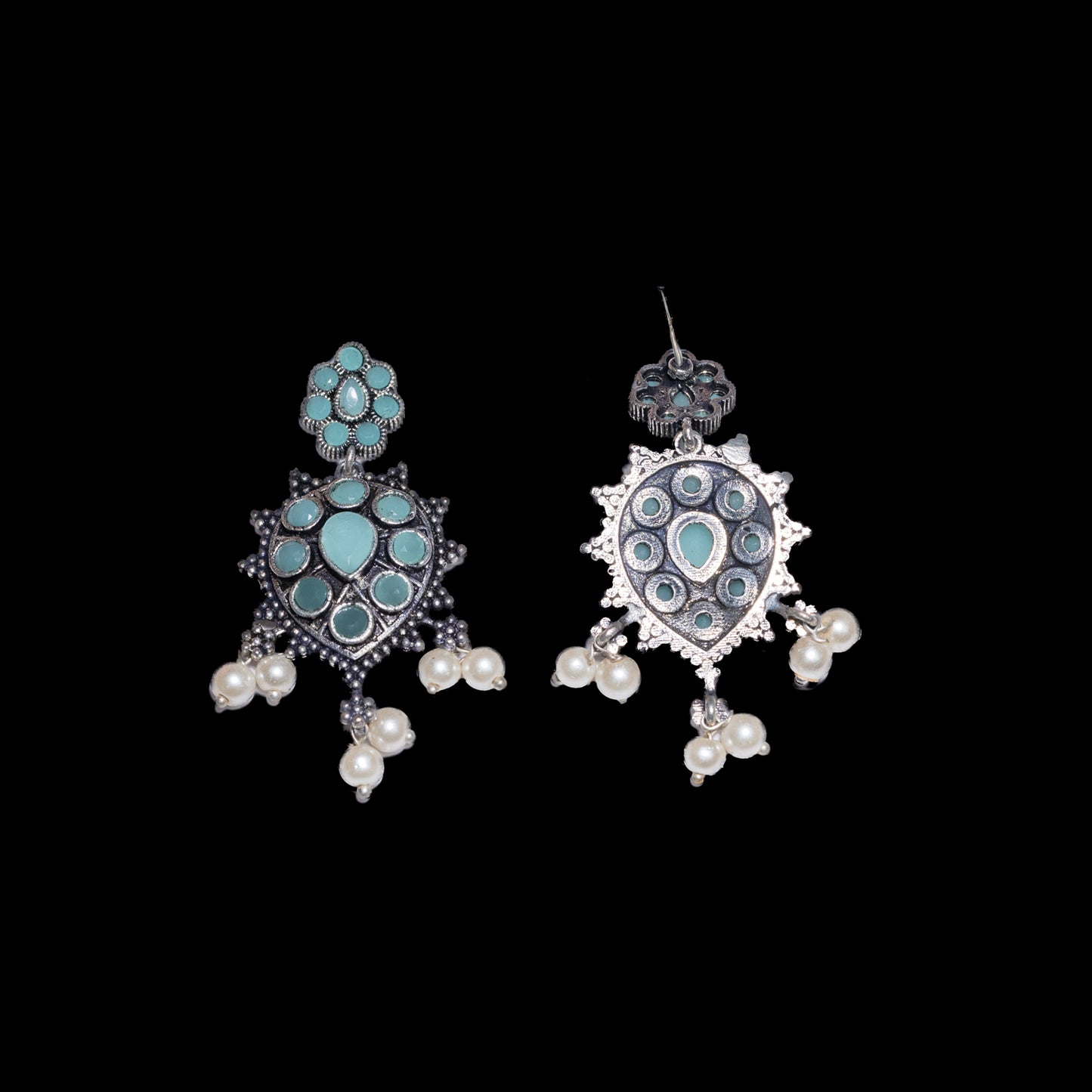 Mint Stone Studded German Silver Stud Earrings With Hanging Pearls