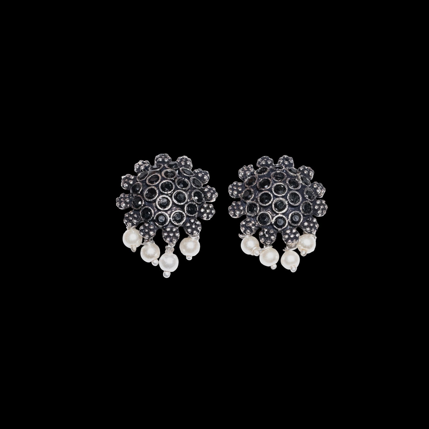 Black Stone Studded Oxidised Earrings With Hanging Pearls