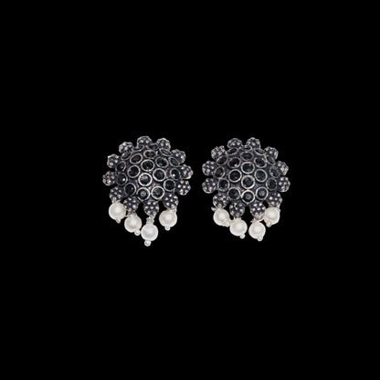 Black Stone Studded Oxidised Earrings With Hanging Pearls