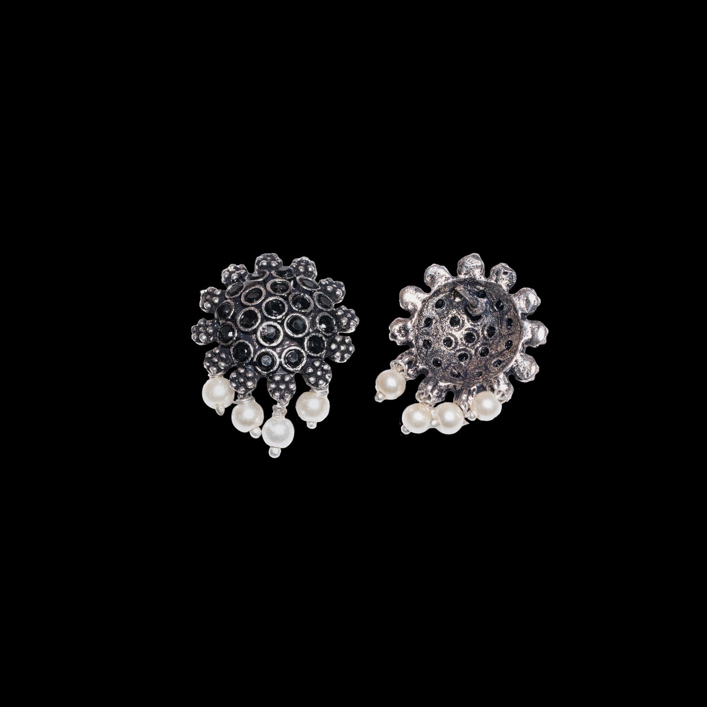 Black Stone Studded Oxidised Earrings With Hanging Pearls