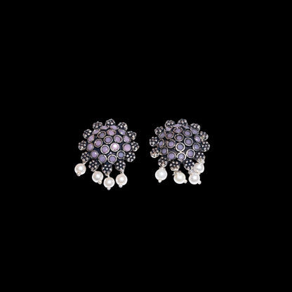 Baby Pink Stone Studded Oxidised Earrings With Hanging Pearls