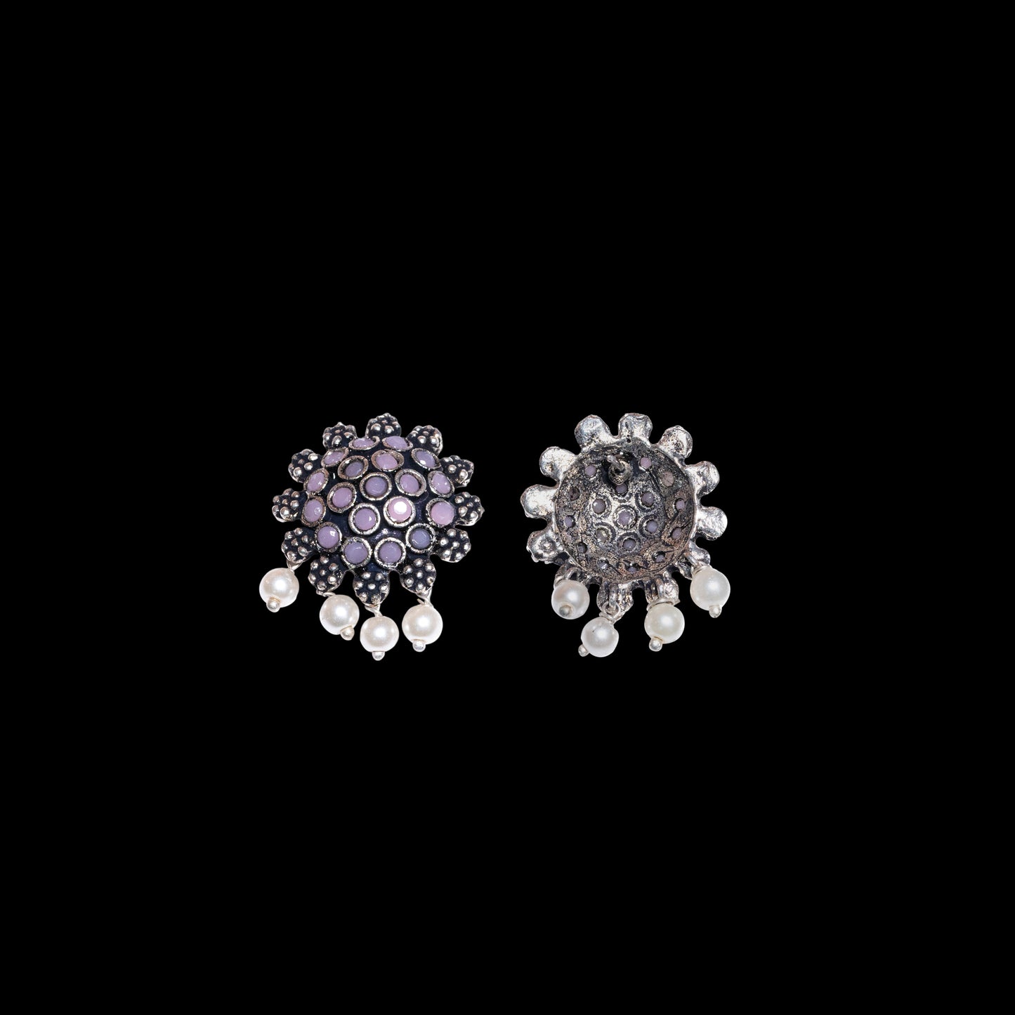 Baby Pink Stone Studded Oxidised Earrings With Hanging Pearls