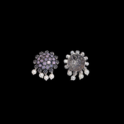 Baby Pink Stone Studded Oxidised Earrings With Hanging Pearls