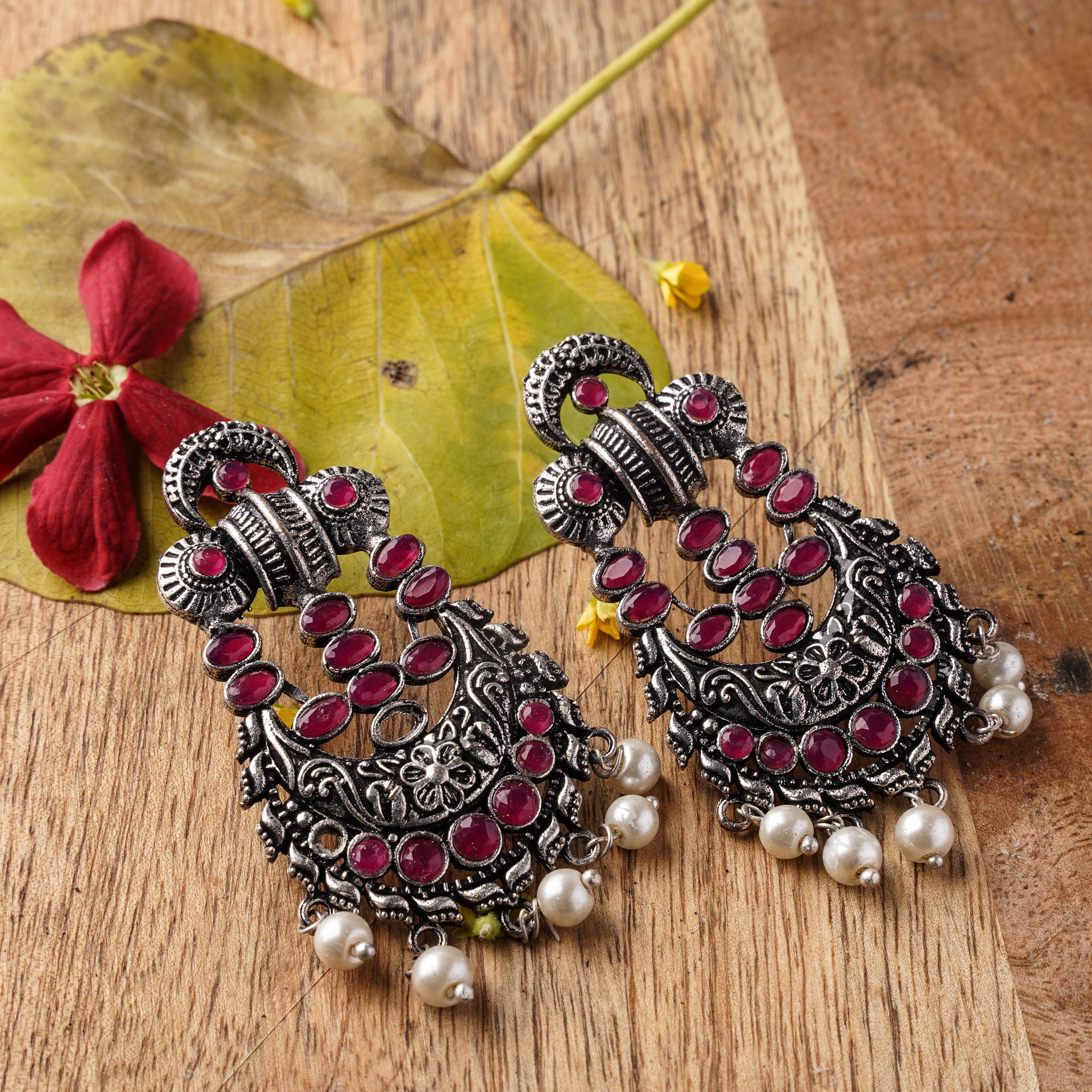Red stone silver earrings deals