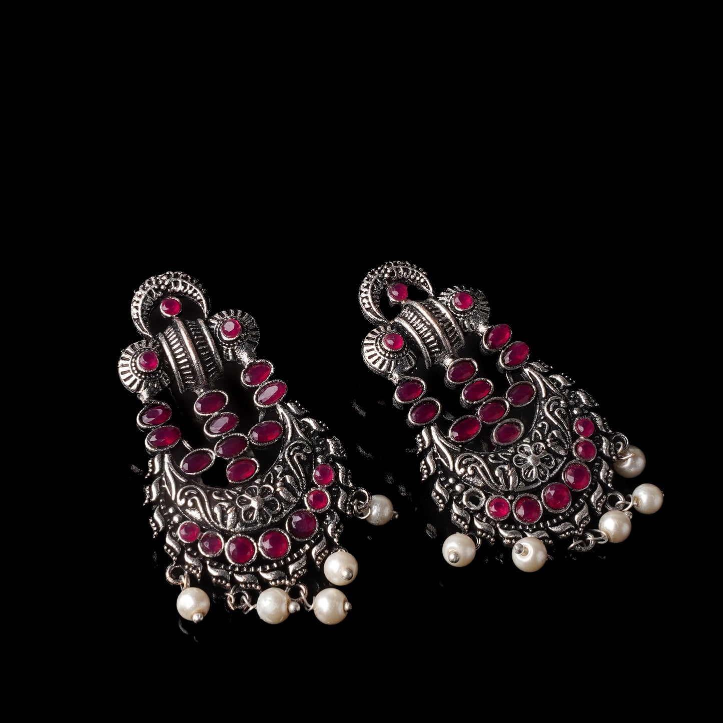 Red Stone Studded German Silver Stud Earrings With Hanging Pearls