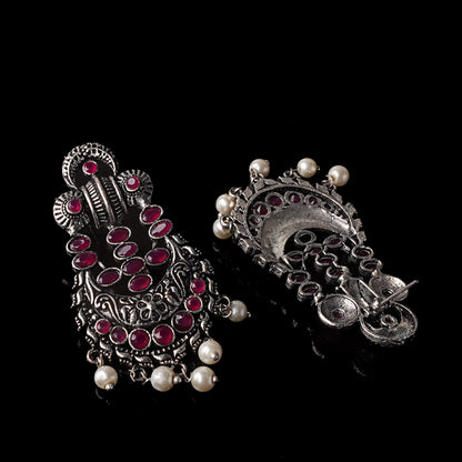 Red Stone Studded German Silver Stud Earrings With Hanging Pearls