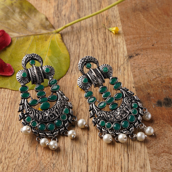 Green Stone Studded German Silver Stud Earrings with Hanging