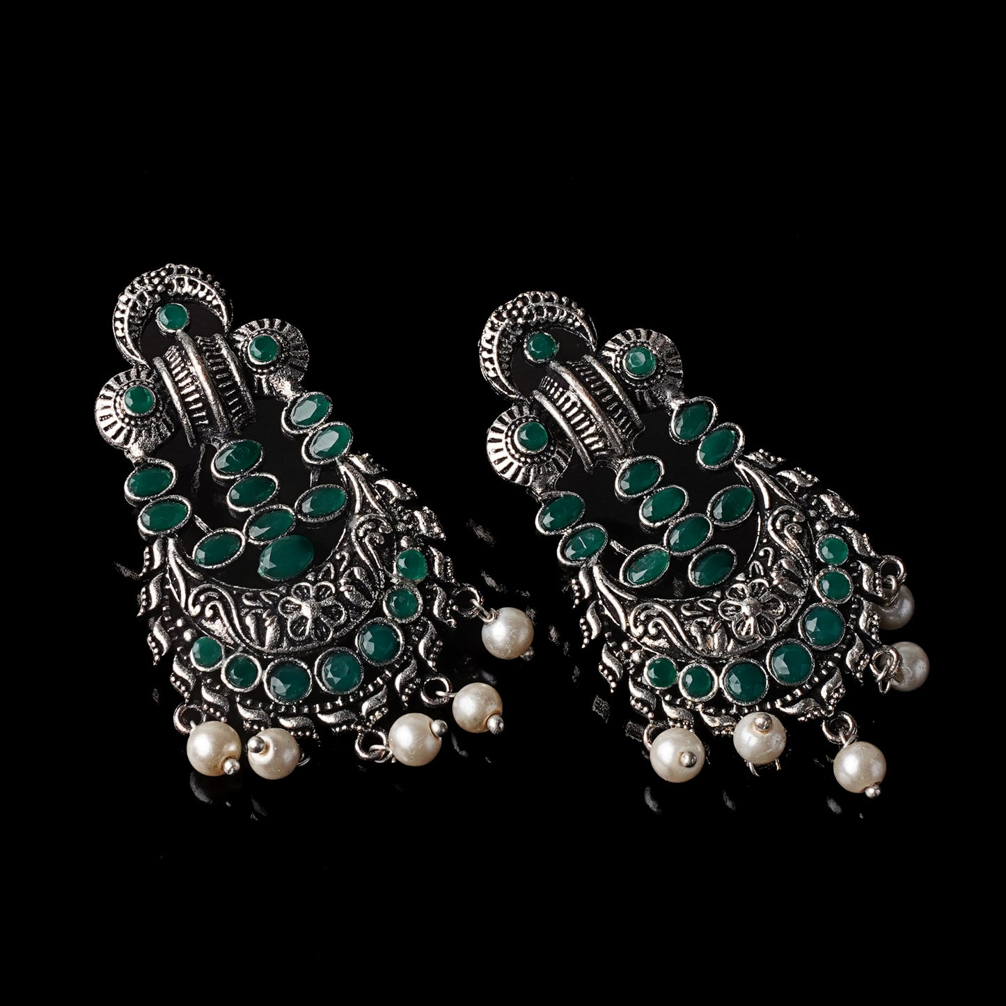 Green Stone Studded German Silver Stud Earrings With Hanging Pearls