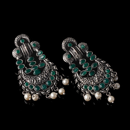 Green Stone Studded German Silver Stud Earrings With Hanging Pearls