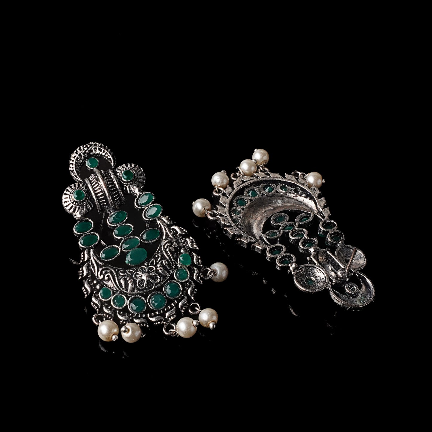 Green Stone Studded German Silver Stud Earrings With Hanging Pearls